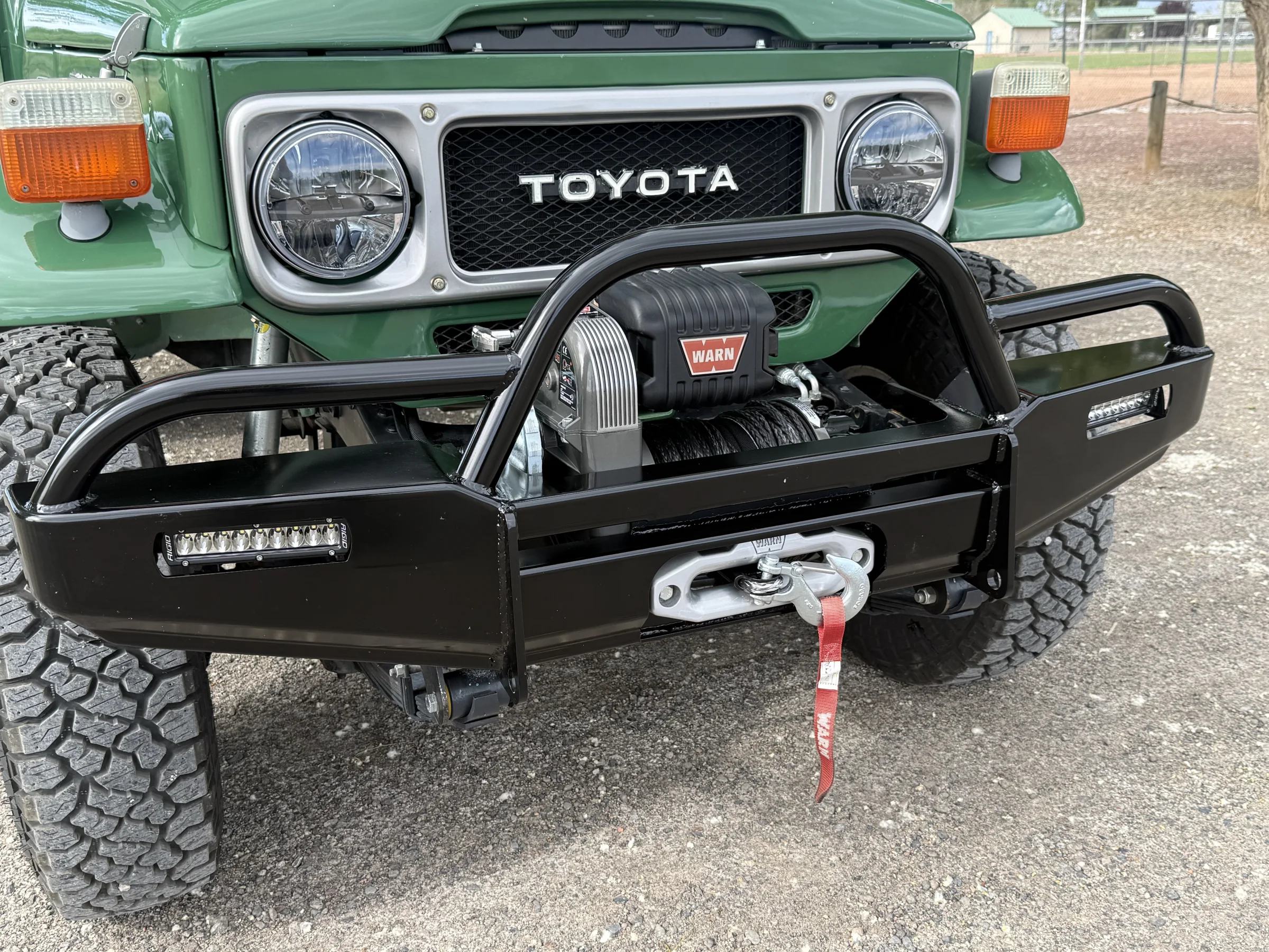 PRLC off-road front bumper and Warn 8274 winch on the rebuilt FJ43