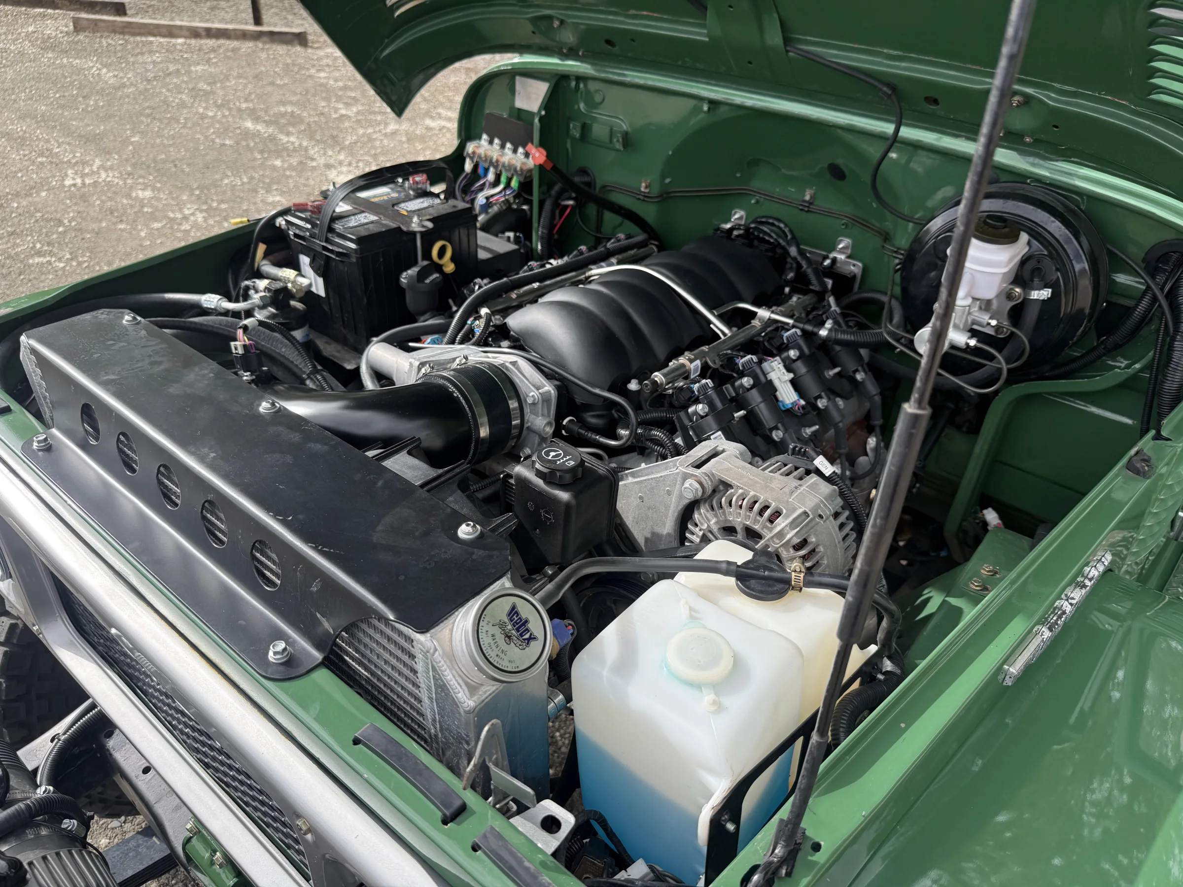 LS3 engine and cooling system installed in the green Toyota FJ43
