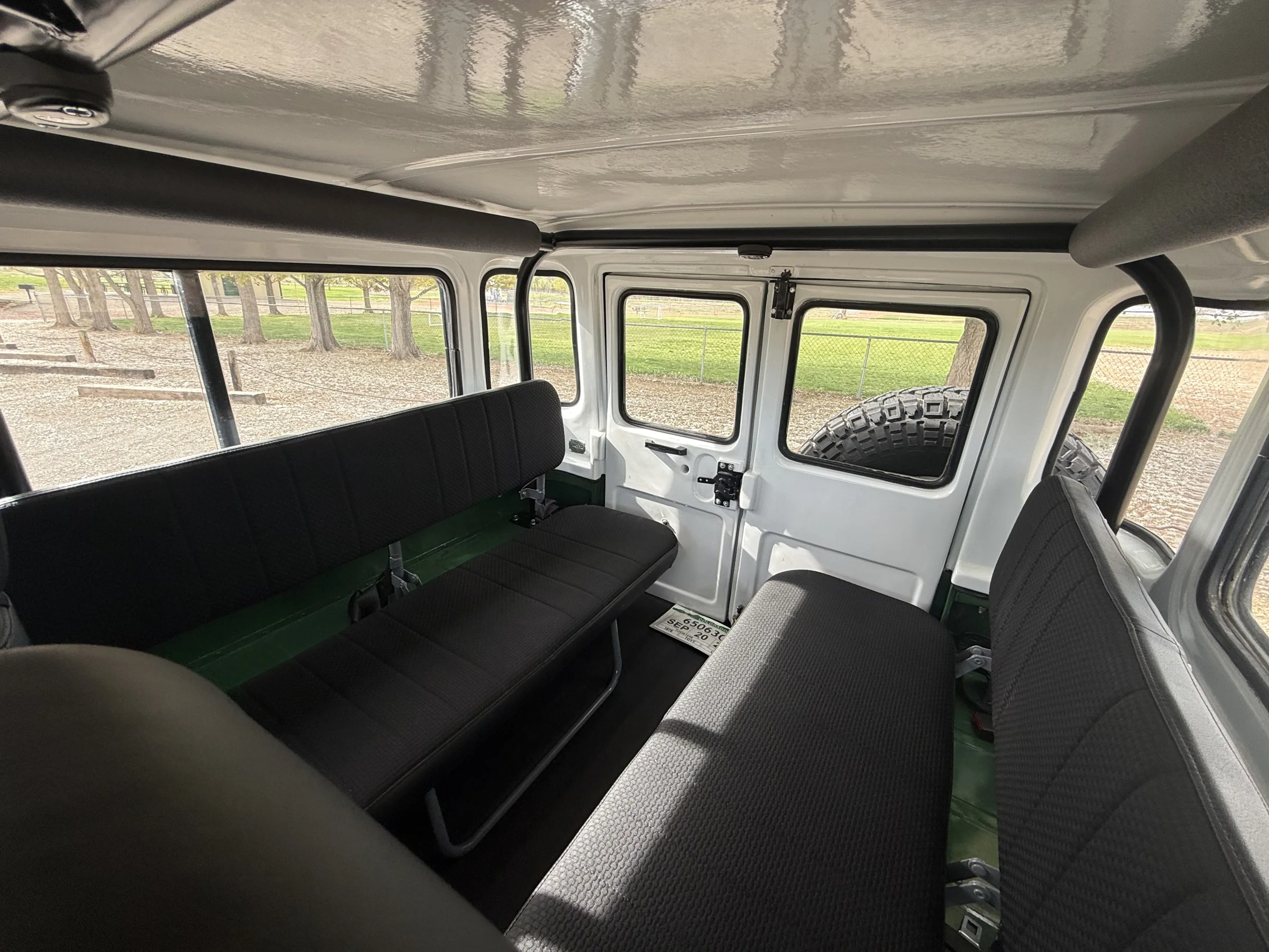 Matching rear seats and door panels inside the rebuilt FJ43