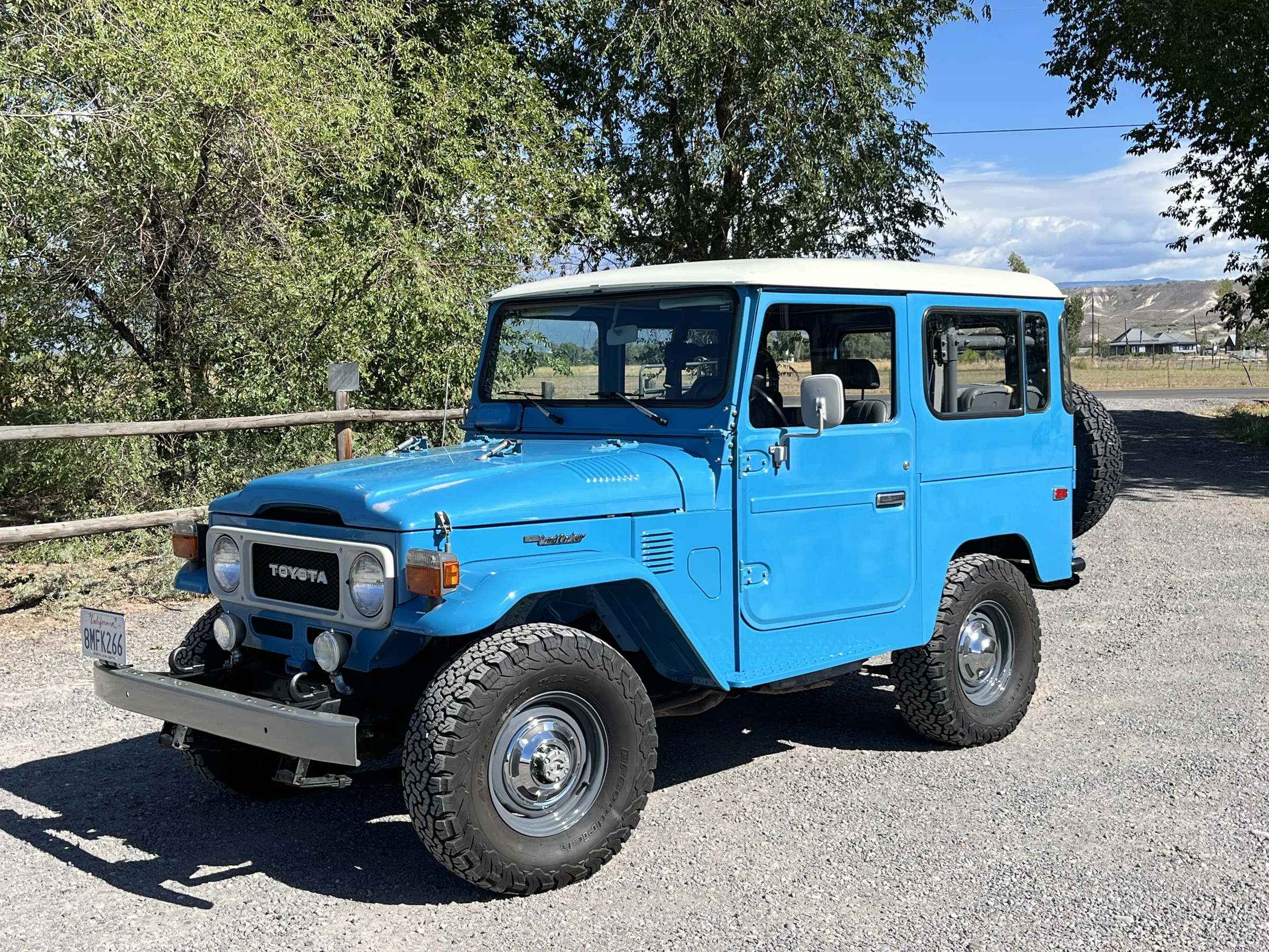 Front three-quarter view of the repaired Sky Blue 1980 FJ40