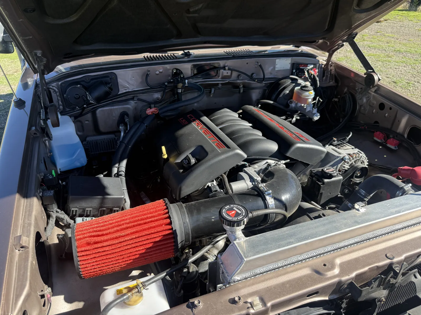 LS3 V8 engine and intake in the 1987 FJ60