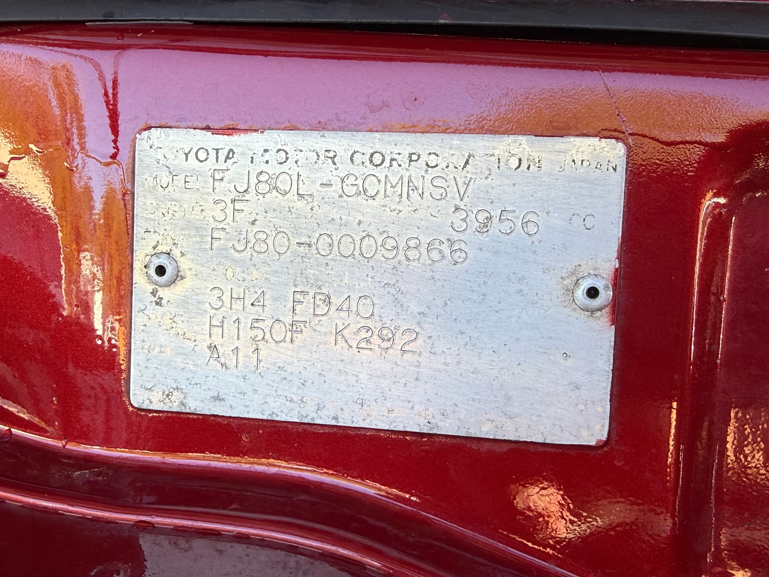 Toyota chassis identification plate for the FJ80
