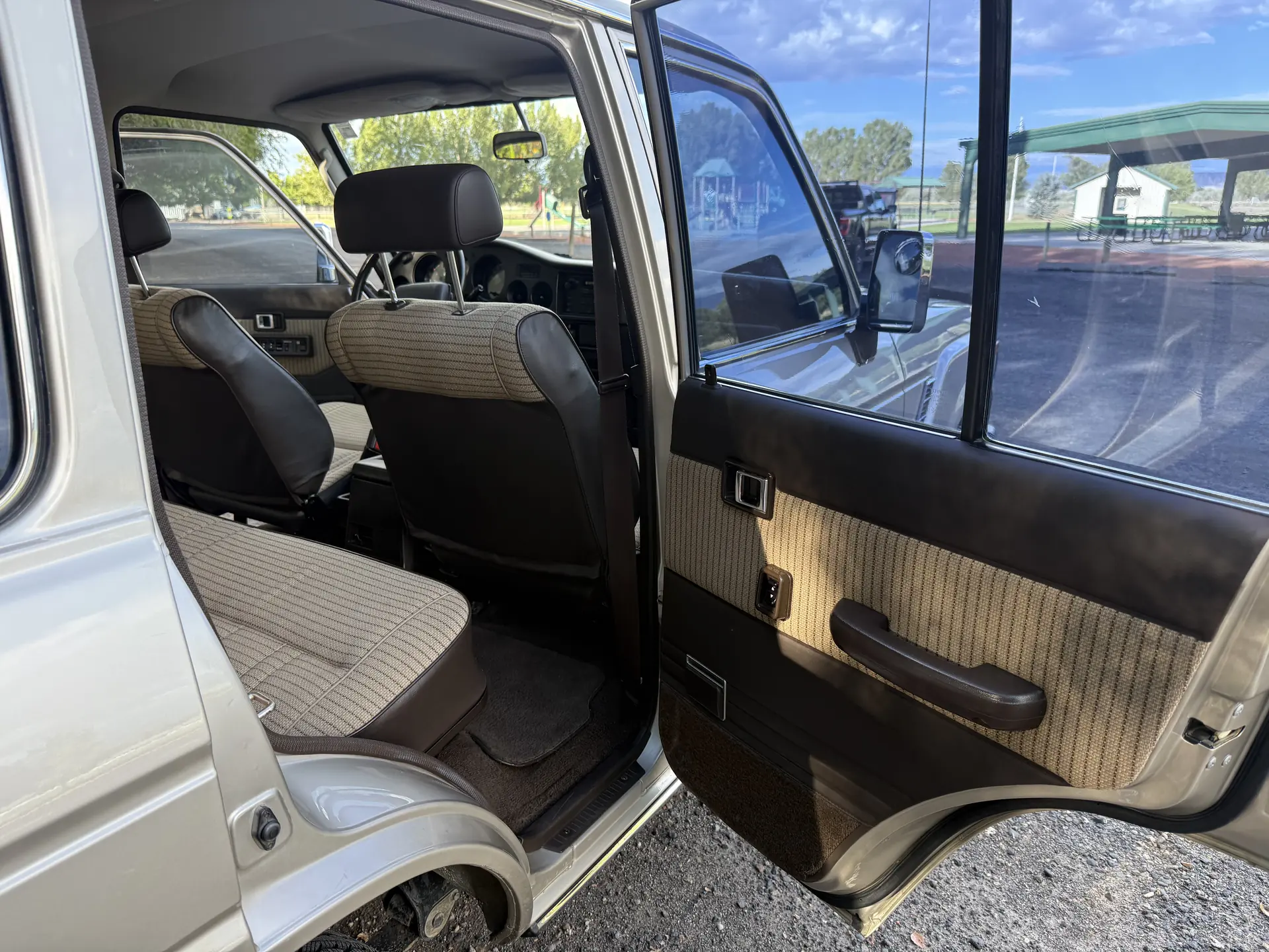 Rear seat and passenger-side rear door panel of the 1990 Toyota FJ62
