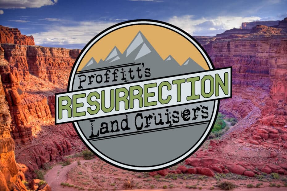 picture of moab with proffitt's resurrection land cruiser logo in foreground