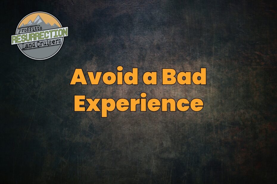 Avoid a bad experience with Land Cruisers. Dark background, yellow lettering, resurrection land cruisers logo